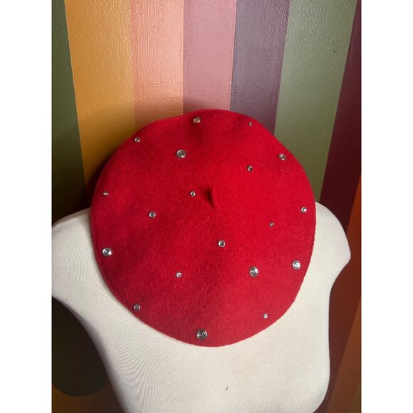 Red rhinestone wool vintage beret hat French cute women’s hat - Picture 1 of 2